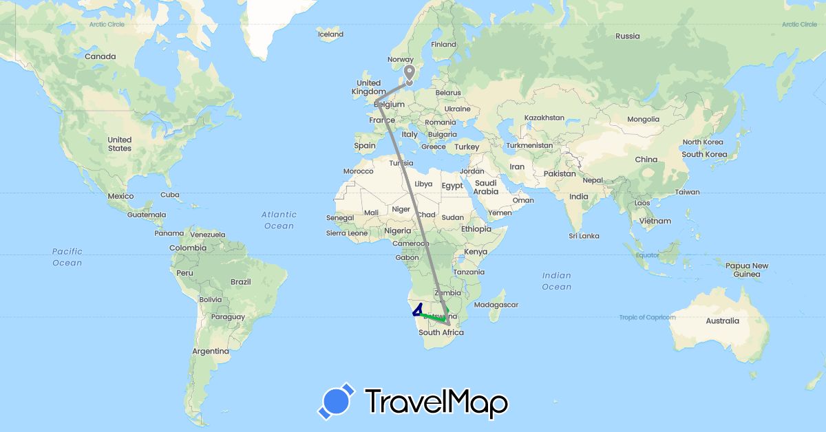 TravelMap itinerary: driving, bus, plane in Botswana, Denmark, United Kingdom, Namibia, South Africa, Zambia (Africa, Europe)