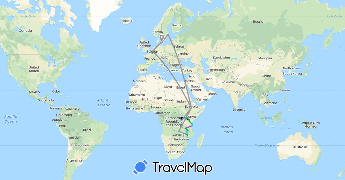 TravelMap itinerary: driving, bus, plane, train, boat in Belgium, Democratic Republic of the Congo, Denmark, Ethiopia, Kenya, Malawi, Rwanda, Sweden, Tanzania, Uganda (Africa, Europe)