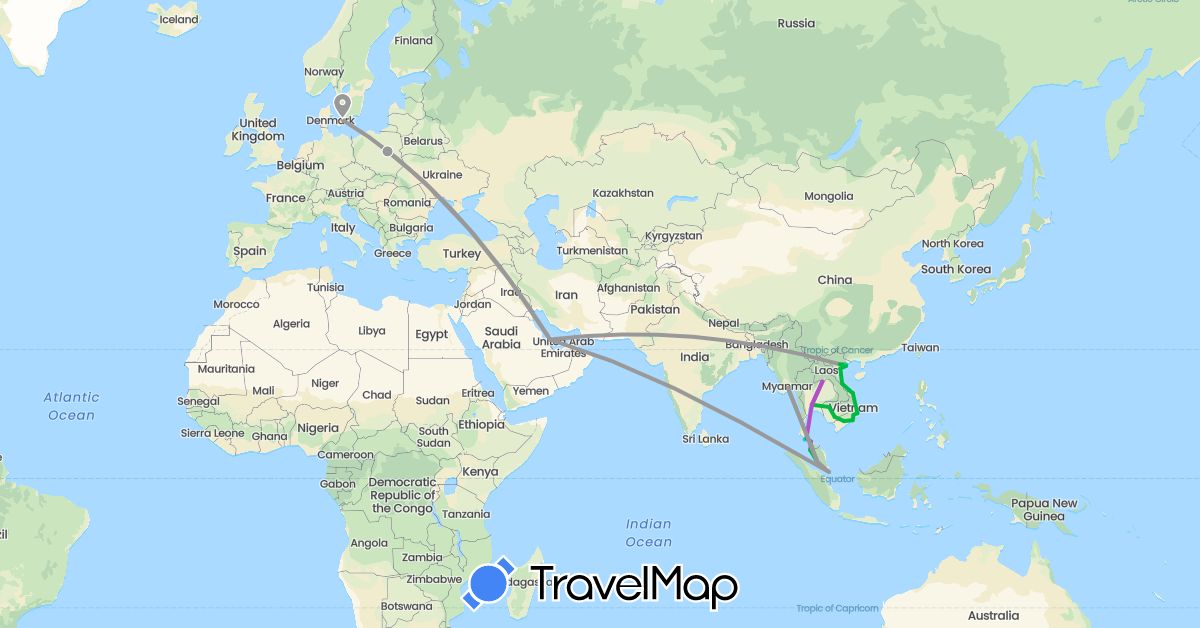 TravelMap itinerary: driving, bus, plane, train, boat in Denmark, Cambodia, Laos, Myanmar (Burma), Malaysia, Poland, Qatar, Singapore, Thailand, Vietnam (Asia, Europe)