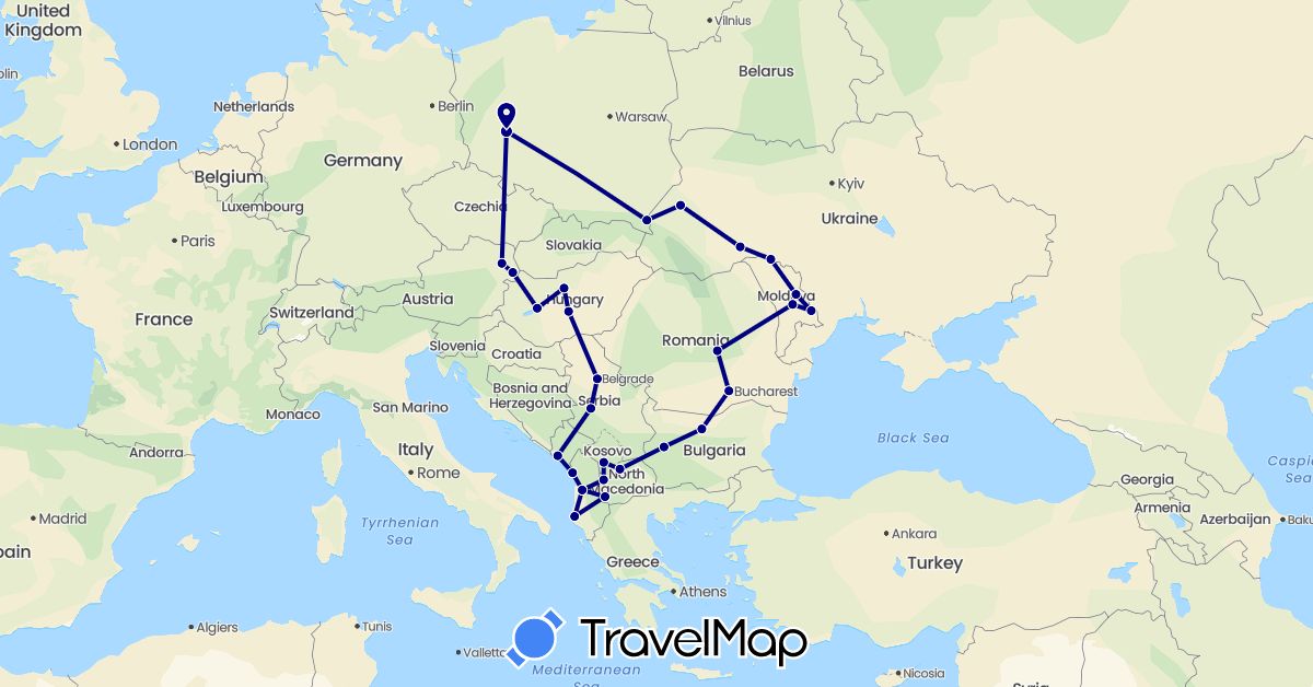 TravelMap itinerary: driving in Albania, Austria, Bulgaria, Hungary, Moldova, Montenegro, Macedonia, Poland, Romania, Serbia, Ukraine, Kosovo (Europe)