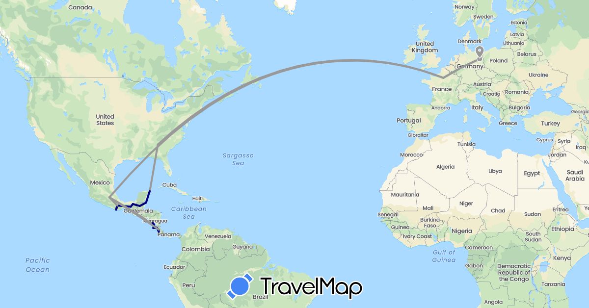 TravelMap itinerary: driving, plane in Belize, Costa Rica, Germany, France, Guatemala, Mexico, Nicaragua, El Salvador, United States (Europe, North America)