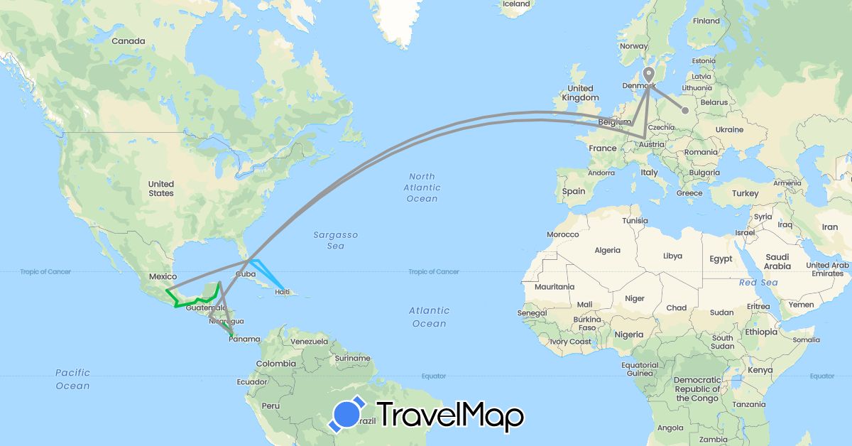 TravelMap itinerary: driving, bus, plane, boat in Bahamas, Belize, Costa Rica, Germany, Denmark, Guatemala, Haiti, Mexico, Nicaragua, Poland, El Salvador, United States (Europe, North America)