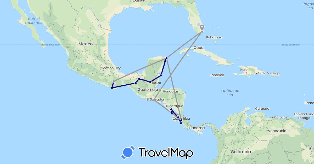 TravelMap itinerary: driving, plane in Belize, Costa Rica, Guatemala, Honduras, Mexico, Nicaragua, El Salvador, United States (North America)