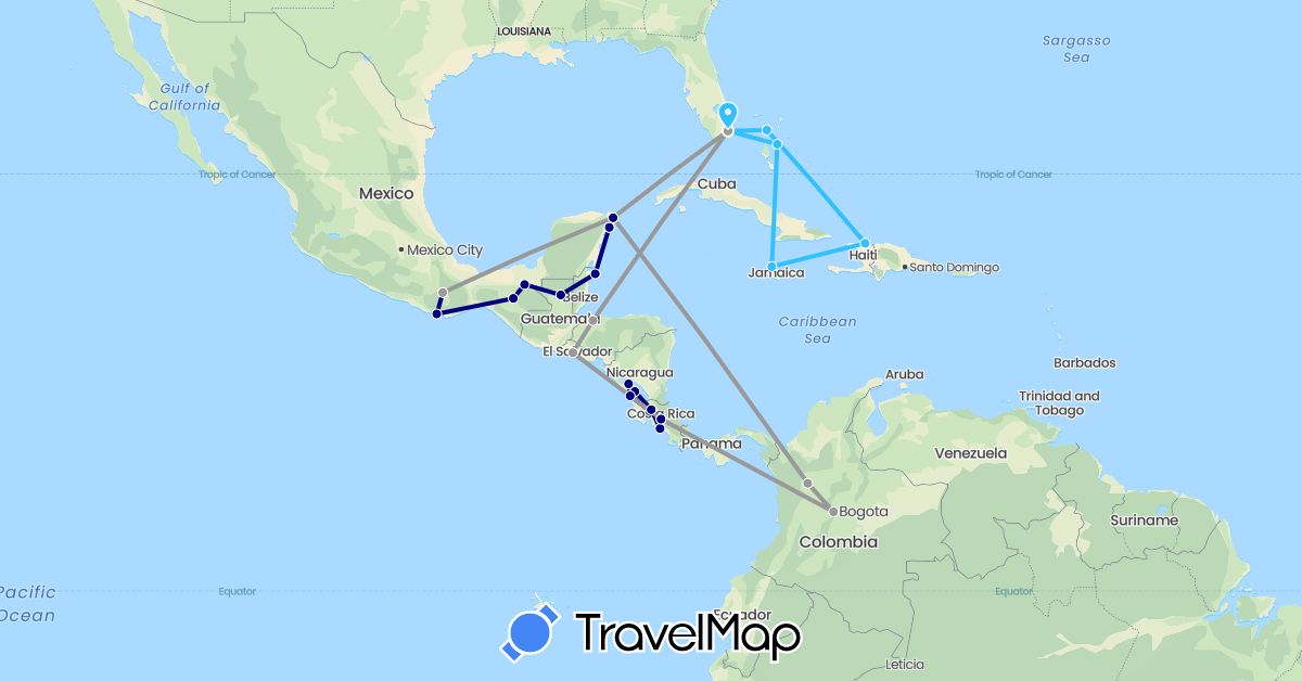 TravelMap itinerary: driving, plane, boat in Bahamas, Belize, Colombia, Costa Rica, Guatemala, Honduras, Haiti, Jamaica, Mexico, Nicaragua, El Salvador, United States (North America, South America)