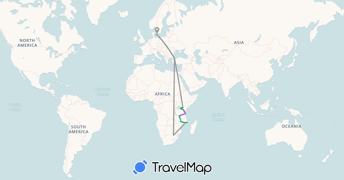 TravelMap itinerary: bus, plane, train, boat in Denmark, Kenya, Malawi, Mozambique, Turkey, Tanzania, South Africa (Africa, Asia, Europe)