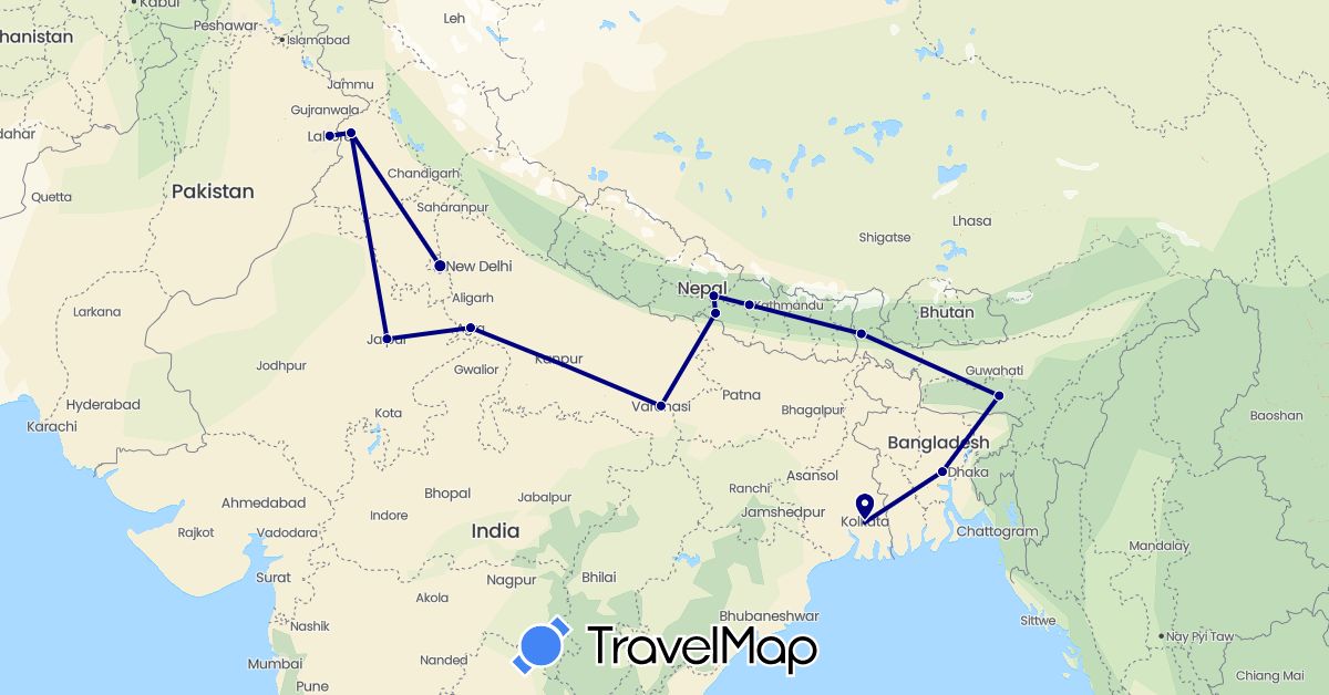 TravelMap itinerary: driving in Bangladesh, India, Nepal, Pakistan (Asia)